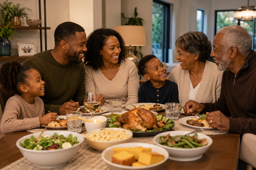 Family sitting at dinner table together sharing memories.