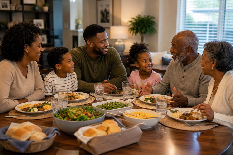Photorealistic young Black family with two children and elderly grandparents gathered around the dining table in a warm, modern home discussing family legacy and estate planning.