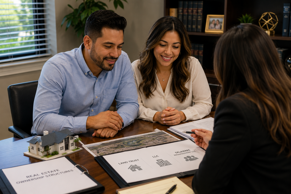 Photorealistic real estate investor meeting with an attorney in a modern office while reviewing property ownership documents, trust planning, and LLC formation options.