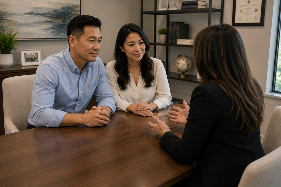 Photorealistic Asian family meeting with an estate planning attorney in a modern office while reviewing international property documents and a world map.