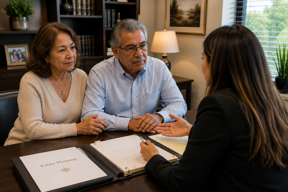Hispanic couple meeting with a trust attorney in a modern office while reviewing organized estate planning documents after the loss of a loved one.