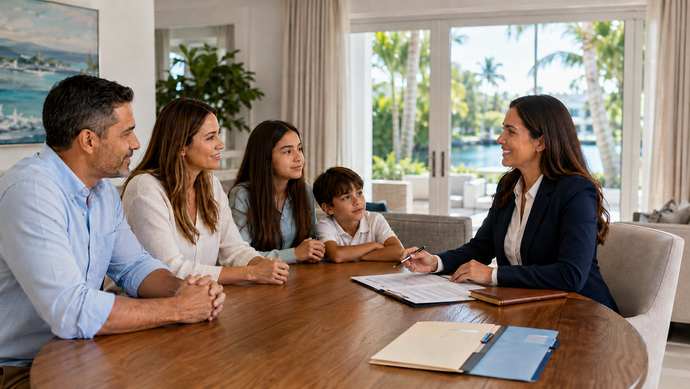 Miami Lakes family meeting with an estate planning attorney about owning their Florida home through a trust or LLC