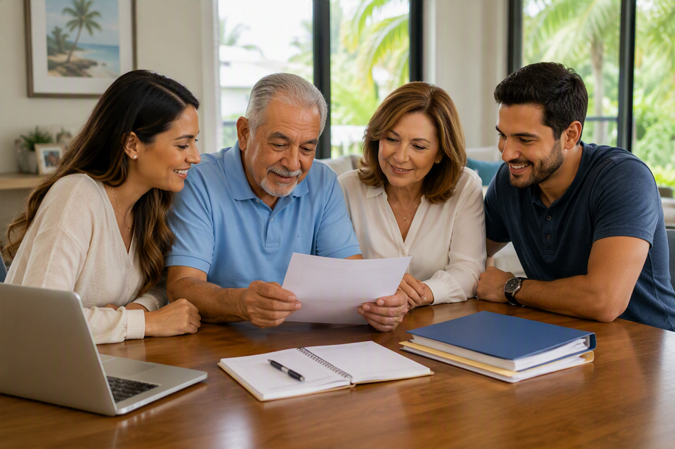 Florida family seated at a table reviewing financial records for a revocable living trust and future trust administration.