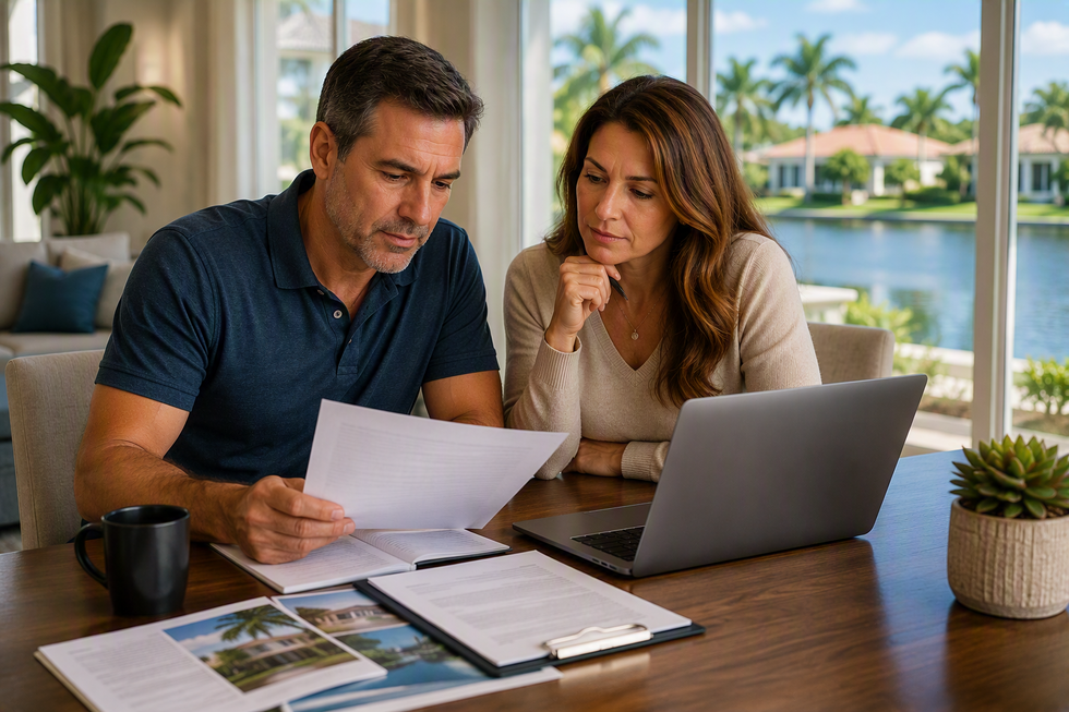 Two Florida property owners reviewing papers and a laptop at a table inside a waterfront home.