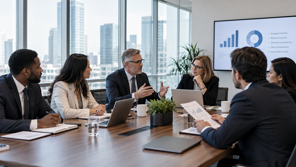 Business executives meeting around a conference table in a modern office while reviewing documents, laptops, and a presentation.