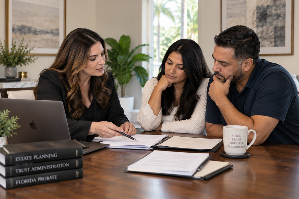 Multigenerational Florida family reviewing trust documents at home before the trustee distributes trust assets.