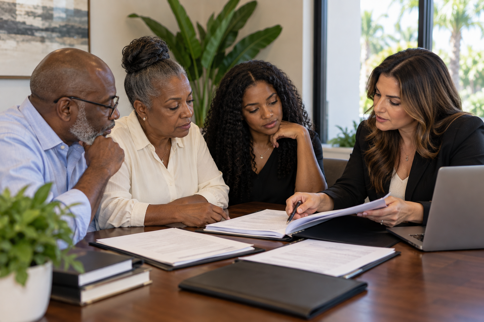 Florida trust beneficiaries reviewing a trustee accounting with an attorney in a Miami Lakes office.