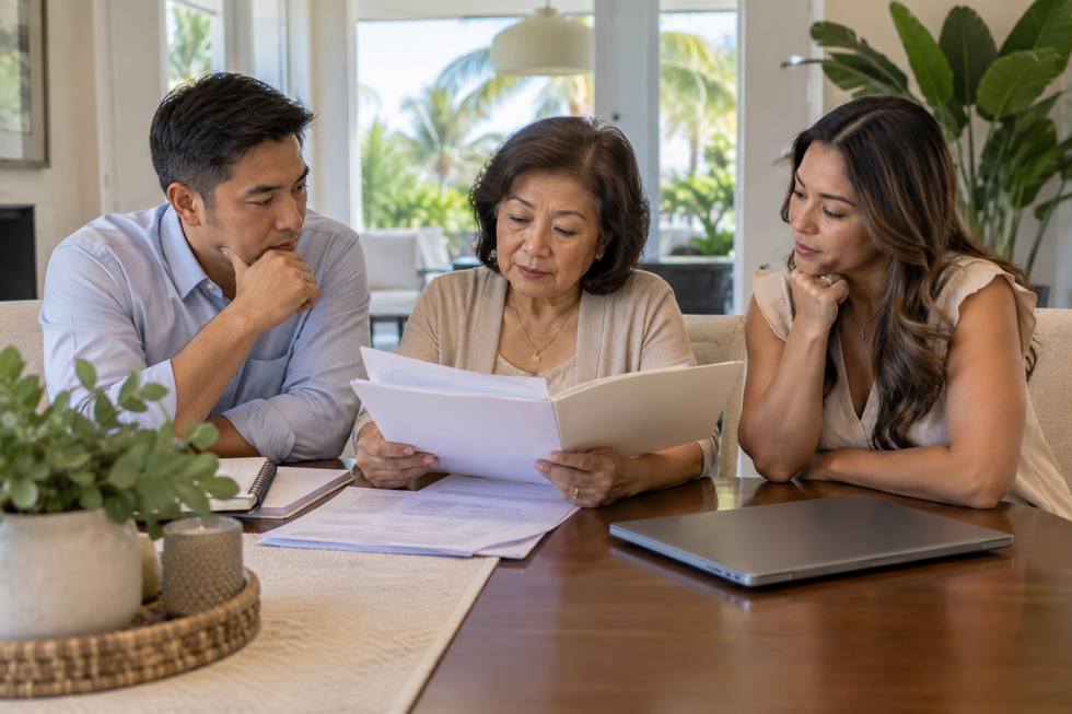 Florida family reviewing trust documents and discussing a beneficiary's trust distribution.