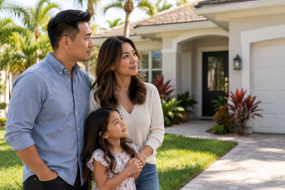 Photorealistic young Asian American couple with their child standing outside their Florida family home while discussing plans for an inherited property with a mortgage.