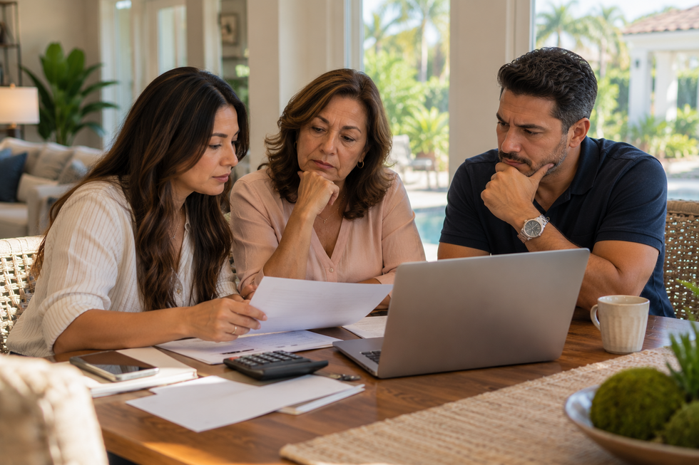 Photorealistic Hispanic multigenerational family discussing expenses associated with a Florida home after the death of a loved one.