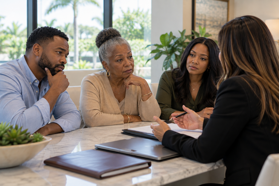 Photorealistic older woman and her adult children meeting with a Florida probate attorney after discovering an asset following the closing of an estate.