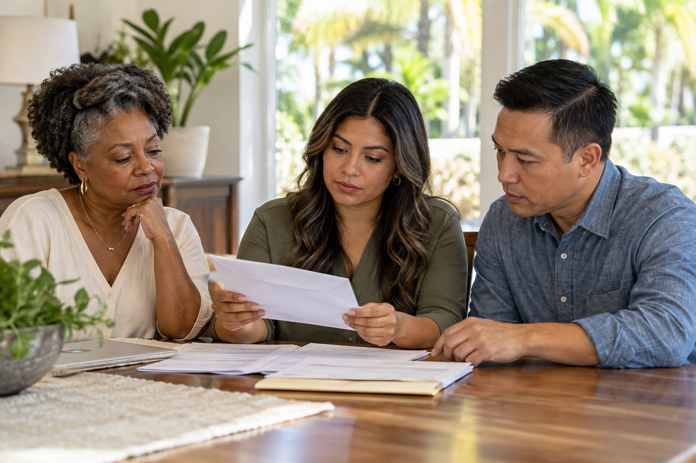 Family reviewing financial documents to claim unclaimed funds belonging to a deceased relative in Florida