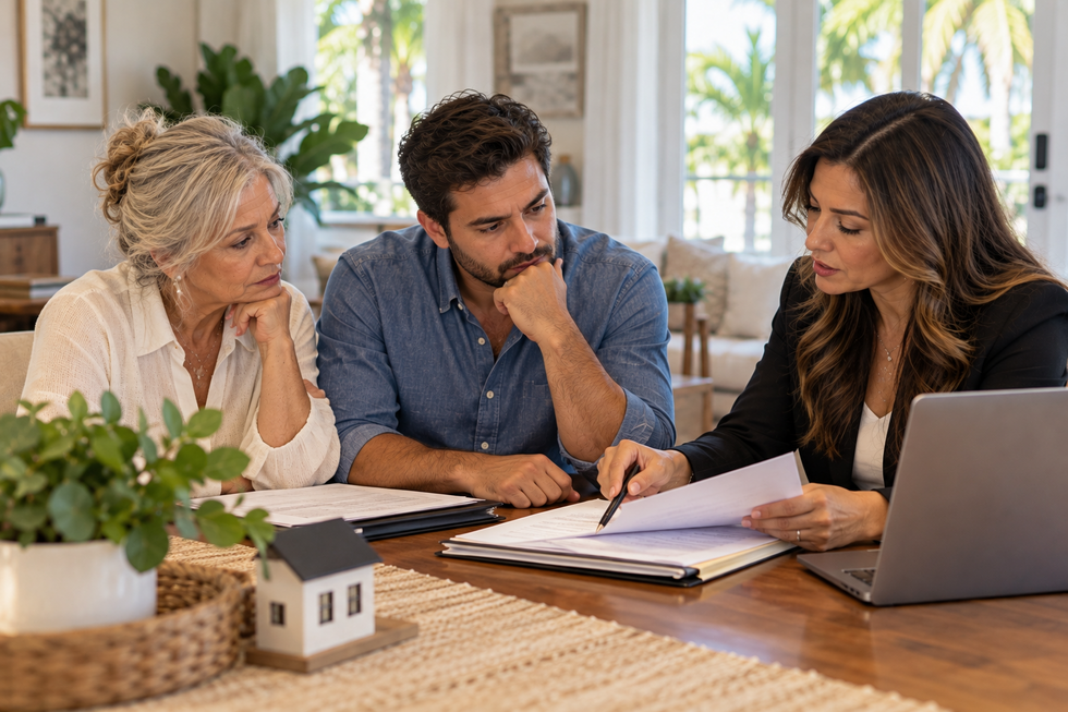 Family reviewing probate documents and discussing whether a beneficiary can live in inherited estate property in Florida