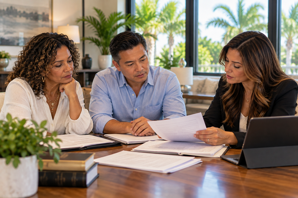 Diverse couple meeting with a Miami Lakes estate planning attorney to review beneficiary designations, wills, and living trust documents