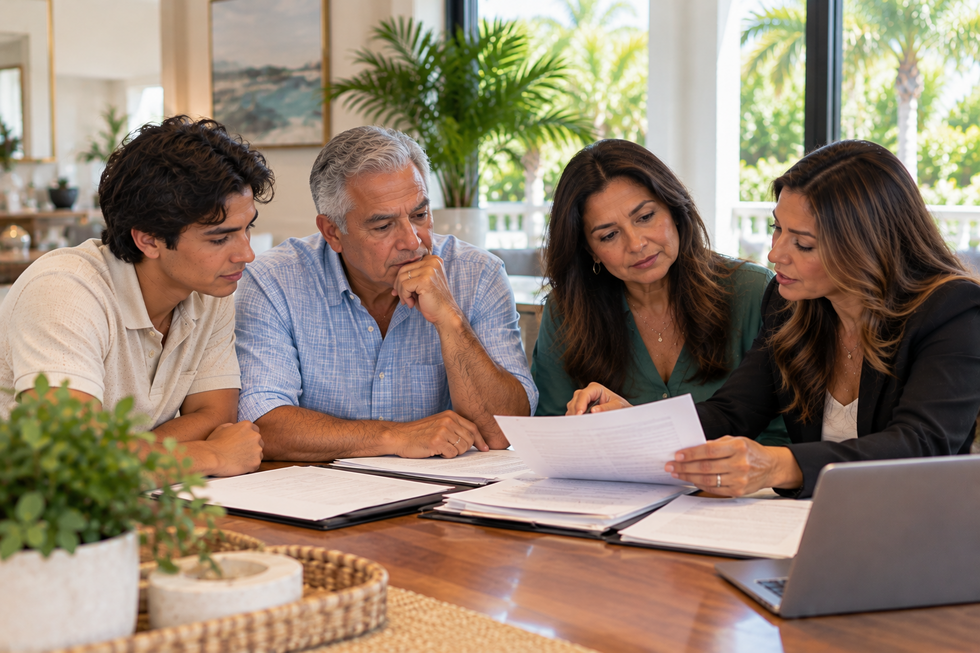 Multigenerational family reviewing Florida estate planning documents to understand per stirpes and per capita inheritance