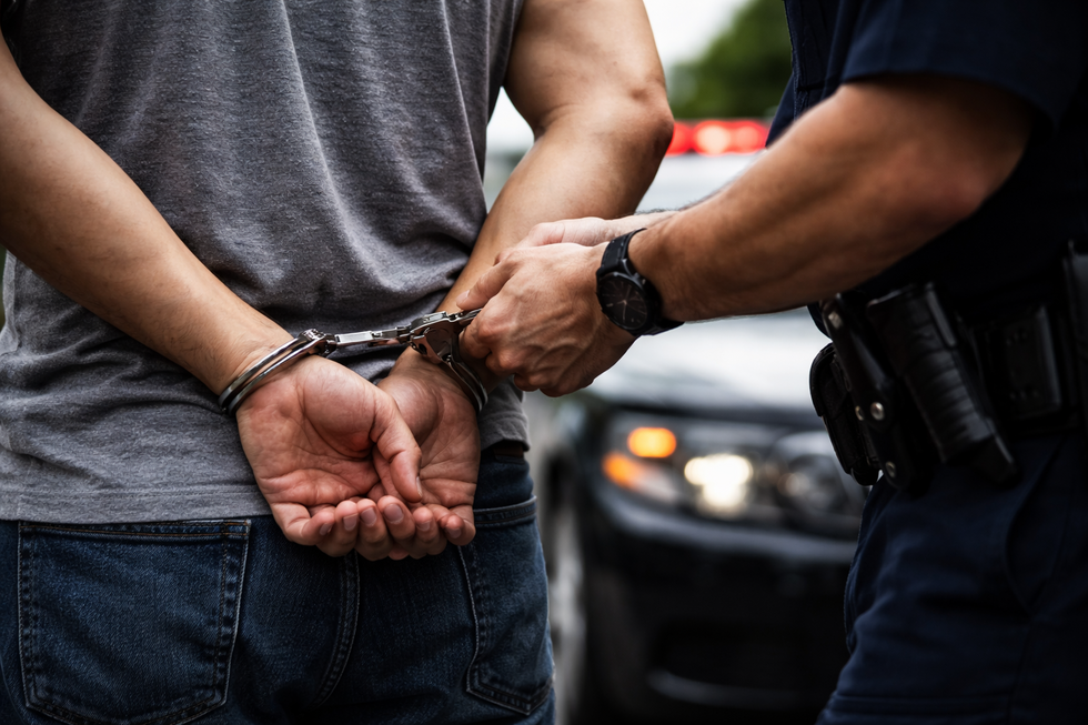 Man being handcuffed by police during a traffic stop in Temple Texas criminal arrest scene