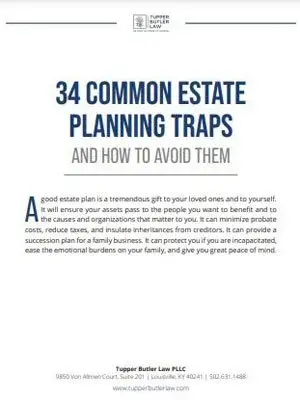 Cover page of a legal document titled '34 Common Estate Planning Traps and How to Avoid Them' by Tupper Butler Law PLLC, with contact information at the bottom.
