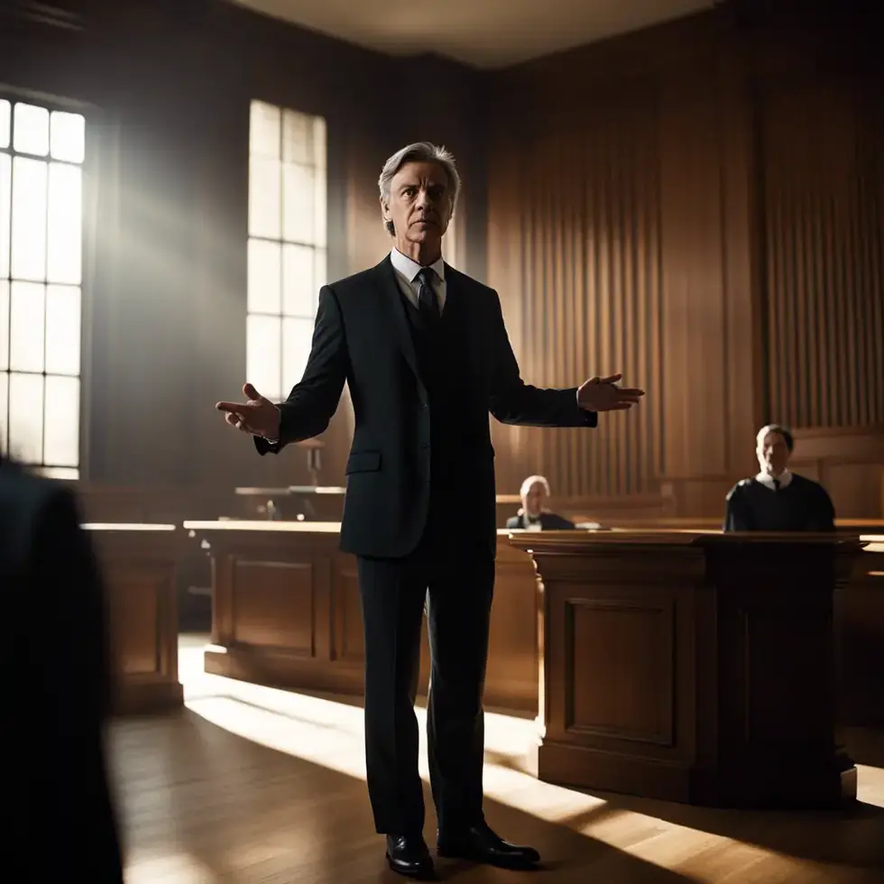 A confident lawyer advocating in a courtroom.