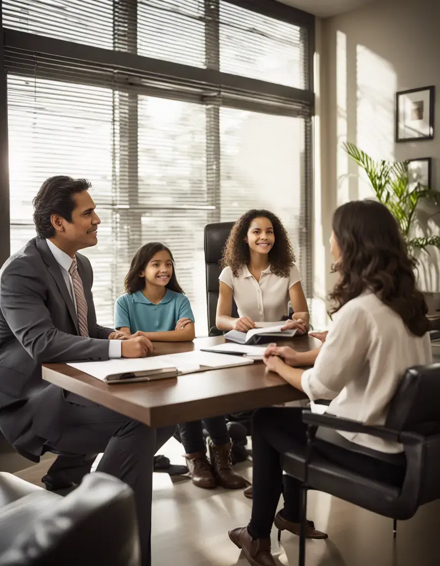A Hispanic family consulting with a lawyer, emphasizing community commitment.
