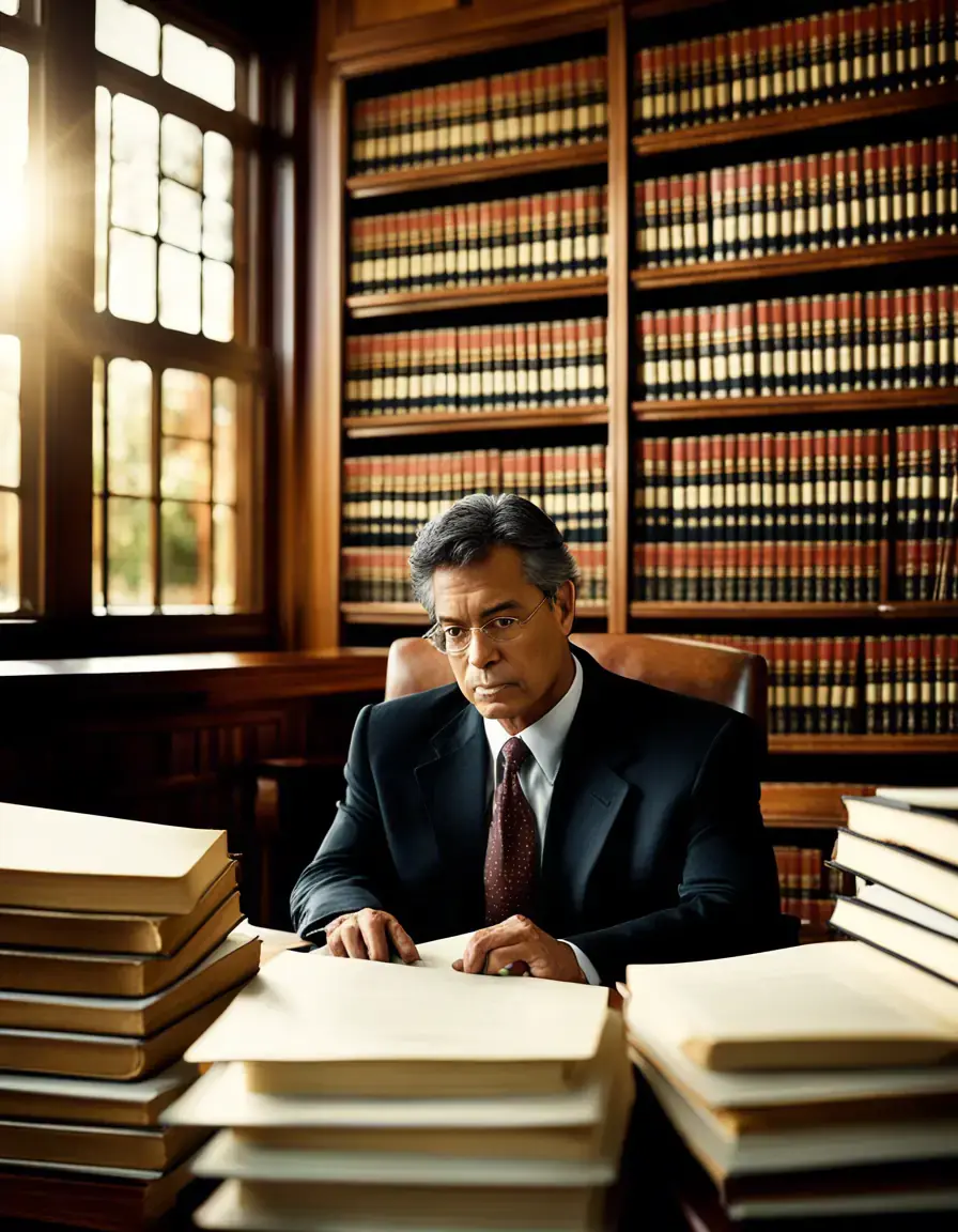 A lawyer reviewing case files in a library, showcasing dedication to thorough research.