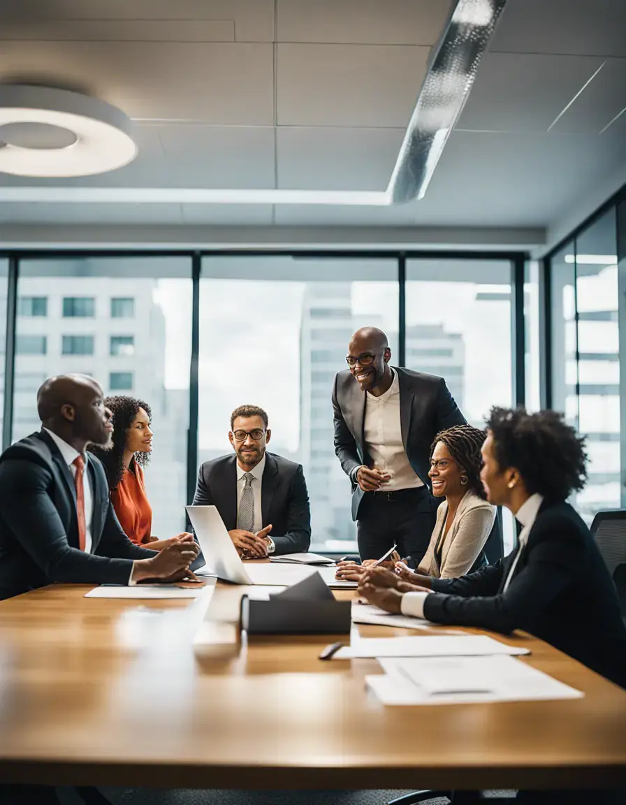A diverse group of legal professionals collaborating in a modern office.
