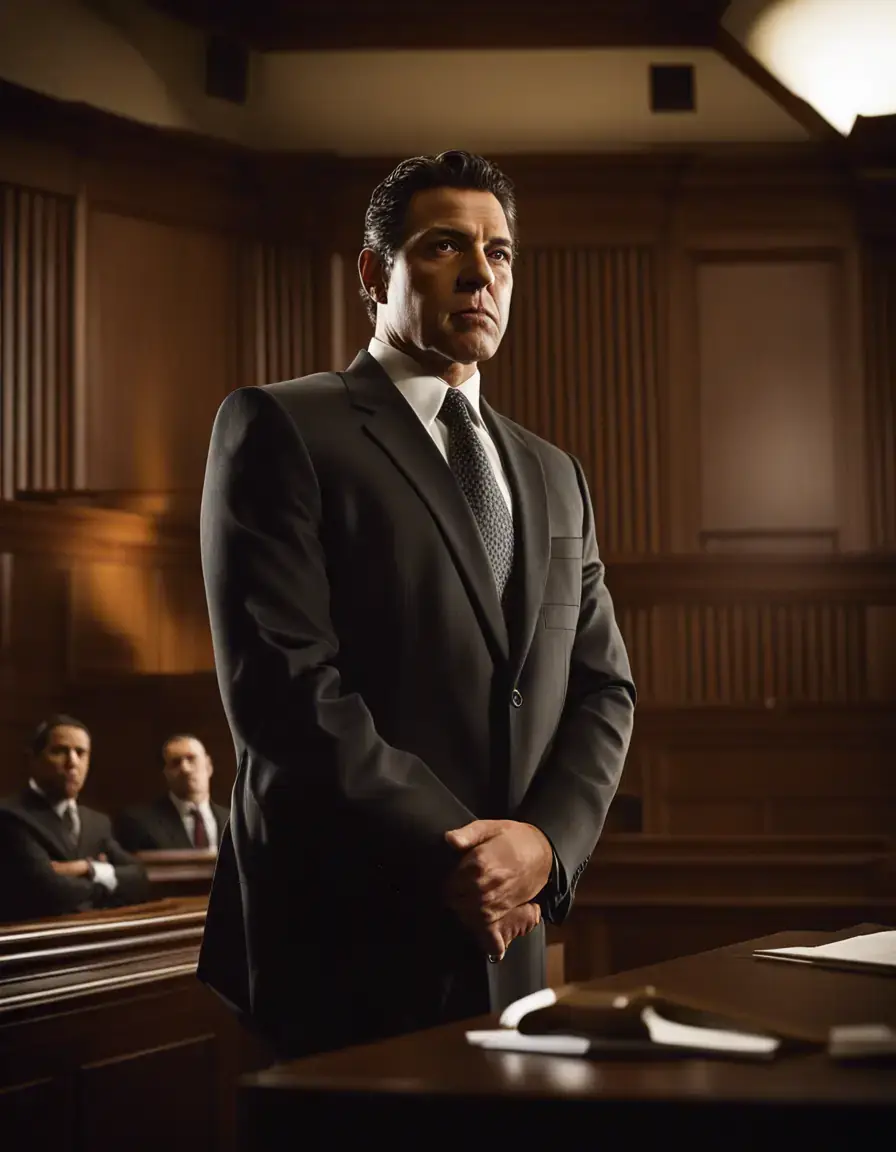 A confident lawyer in a courtroom, representing a client with determination.