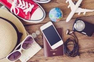 Travel accessories costumes. Passports, luggage, The cost of travel maps prepared for the trip