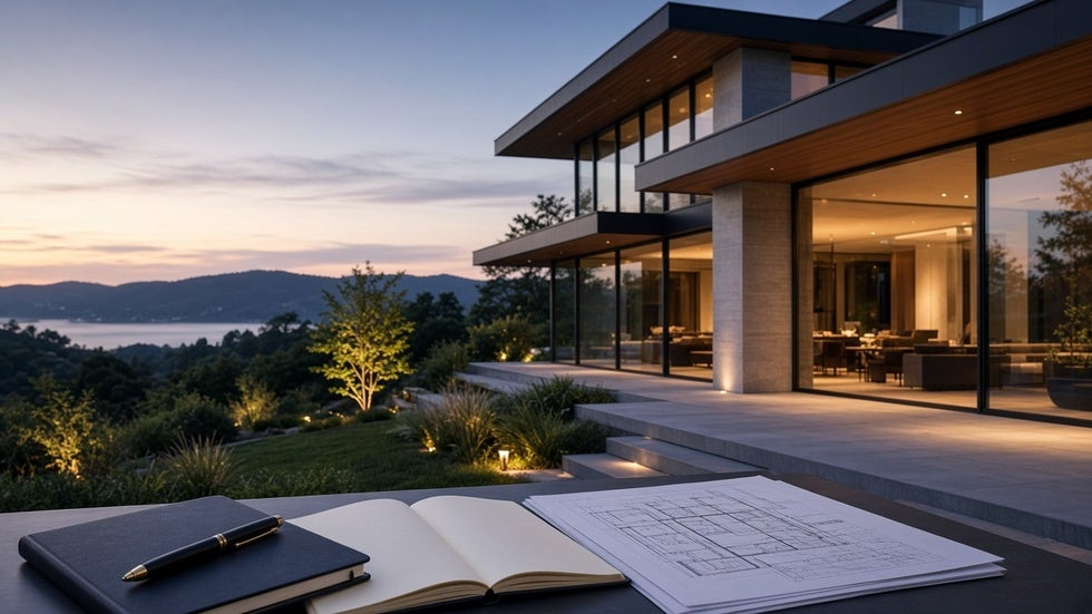 Luxury home at dusk with floor plans and notes suggesting prenuptial asset planning