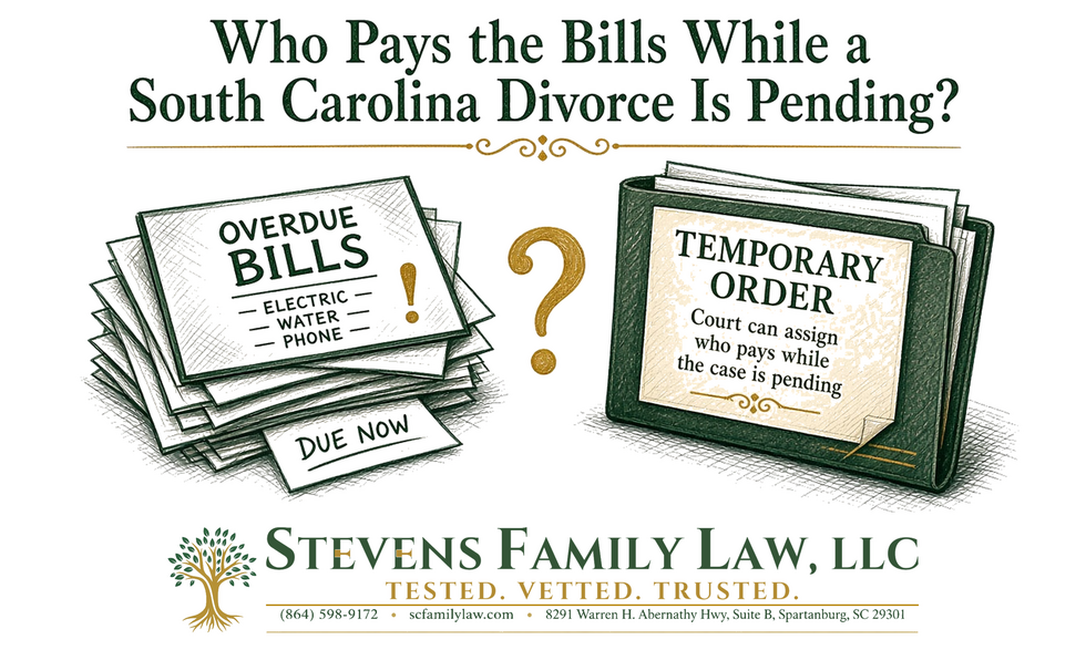 Illustration of a stack of overdue bills beside a folder labeled Temporary Order, with the Stevens Family Law, LLC logo.