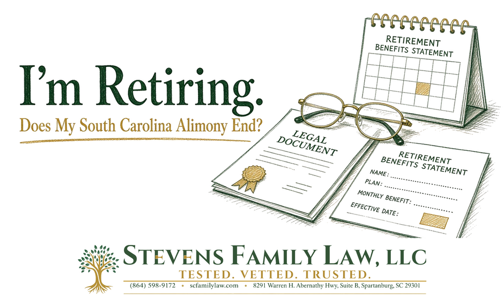 Illustration of reading glasses resting on a legal document beside a retirement benefits statement and a desk calendar.