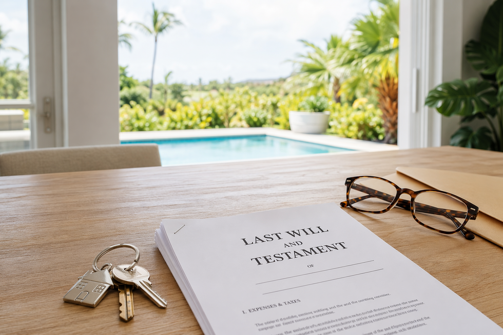 Last will and testament on a kitchen table in a Naples, Florida home overlooking a screened lanai