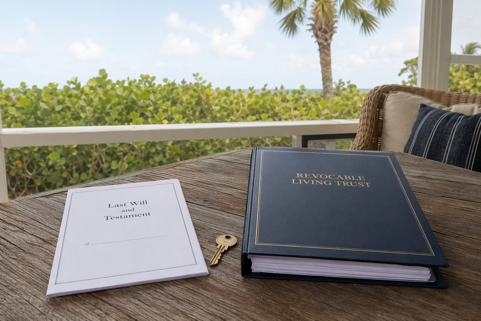 A last will and a thicker revocable living trust document side by side on a screened porch table in Sanibel, Florida
