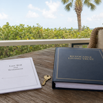 A last will and a thicker revocable living trust document side by side on a screened porch table in Sanibel, Florida