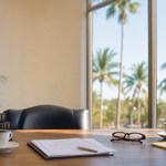 A Southwest Florida estate planning consultation table with documents by a sunlit Naples window