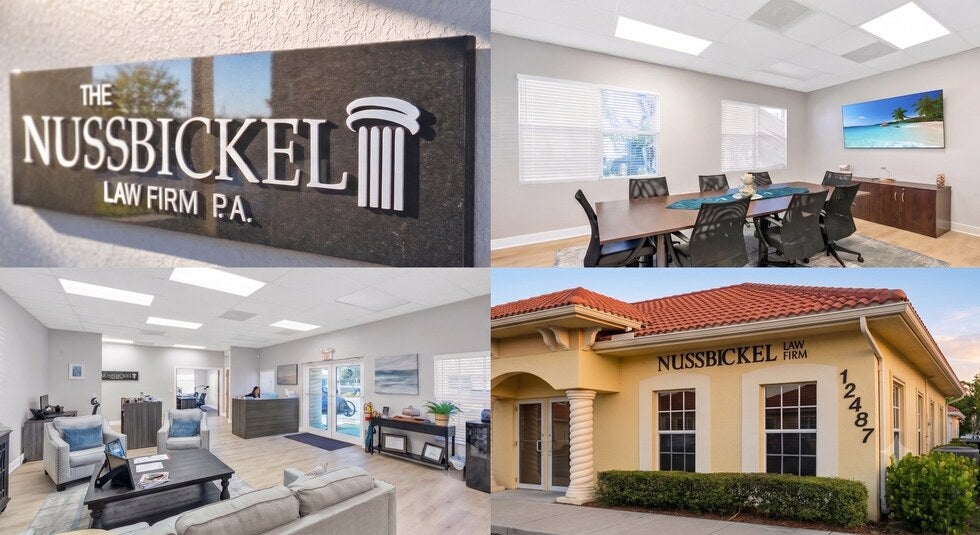 The Nussbickel Law Firm office in Fort Myers — sign, conference room, reception, and building exterior at 12487 Brantley Commons Ct.