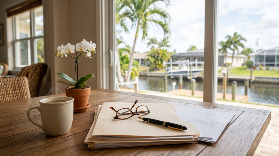 Estate planning documents on a kitchen table in a Cape Coral, Florida home