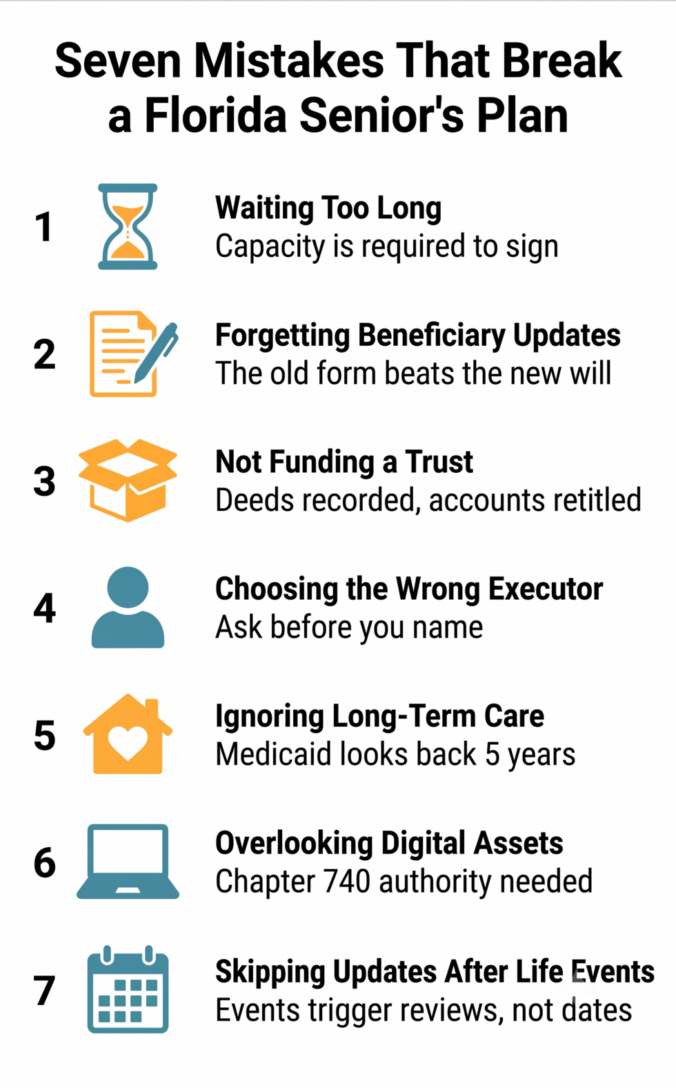 Seven common estate planning mistakes Florida seniors make, from waiting too long to skipping updates