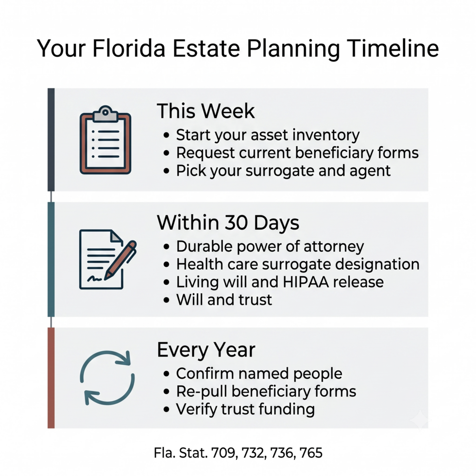Timeline showing what Florida seniors should complete this week, within 30 days, and every year