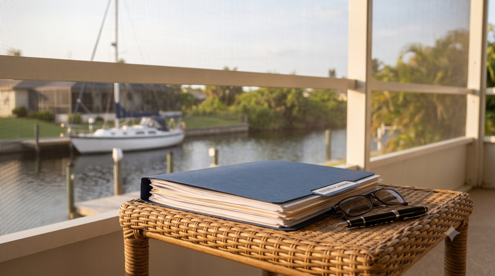 Estate planning documents on the lanai of a Cape Coral, Florida canal home