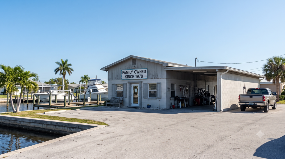 Family-owned marina business on a Cape Coral canal, illustrating estate planning for business owners in Florida.