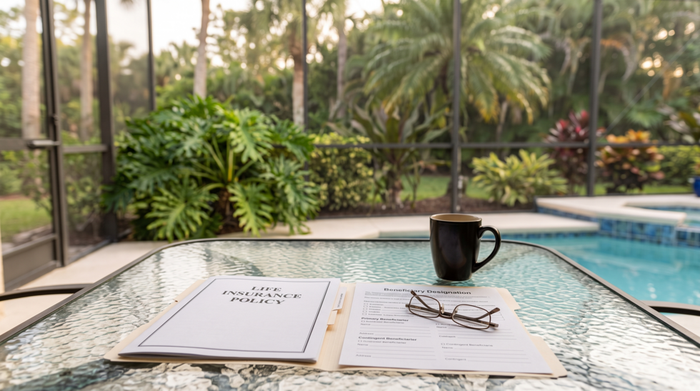 Life insurance policy and beneficiary designation forms on a Naples lanai table, illustrating life insurance and estate planning in Florida.