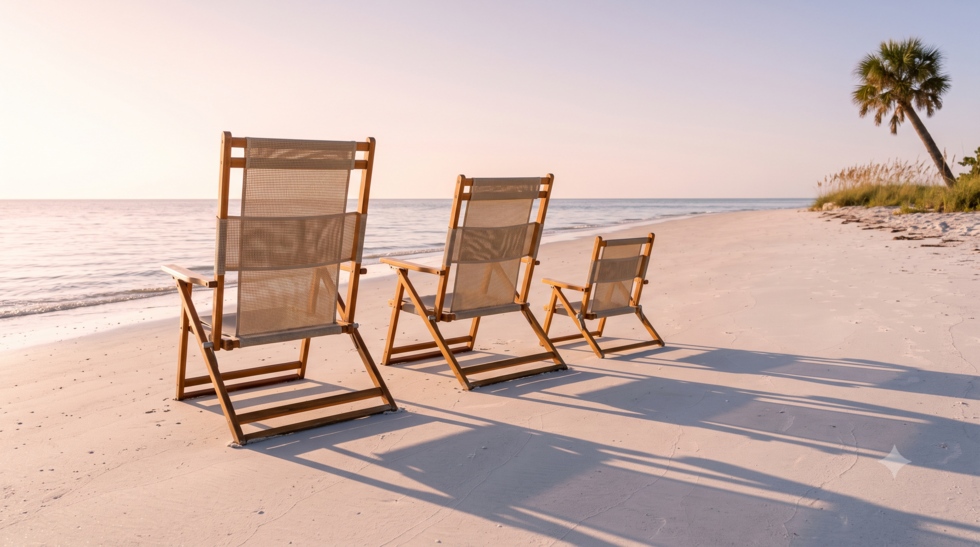 Three beach chairs in descending sizes on a Fort Myers Beach shoreline at sunrise, representing estate planning for grandchildren across three generations