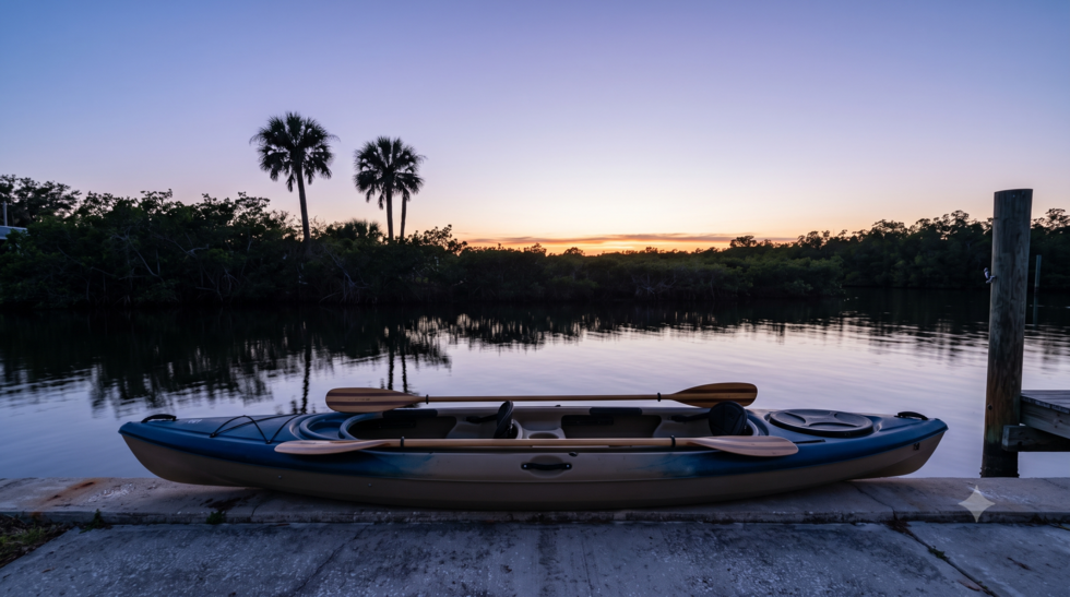 A tandem kayak with two paddles on a Matlacha canal seawall at dusk, representing estate planning for married couples in Florida