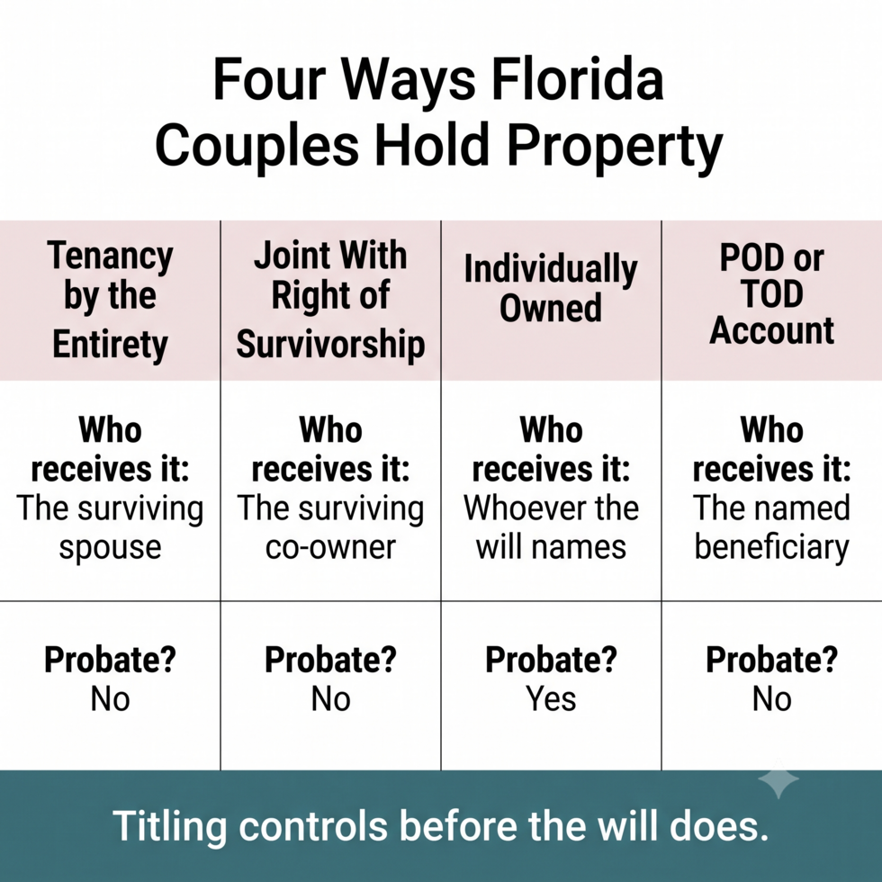 Comparison of tenancy by the entirety, joint ownership, individual ownership, and POD accounts for Florida married couples