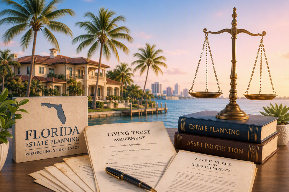 Living trust agreement and last will and testament on a desk with brass scales, beside a Florida waterfront home and palm trees at sunset