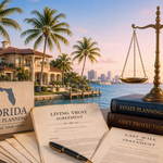 Living trust agreement and last will and testament on a desk with brass scales, beside a Florida waterfront home and palm trees at sunset