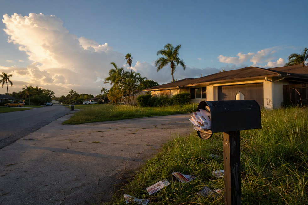 Overflowing mailbox outside a closed-up Lehigh Acres, Florida home, representing an estate nobody has opened.