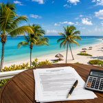 Florida beach scene with an estate document and a calculator, illustrating that Florida has no inheritance tax