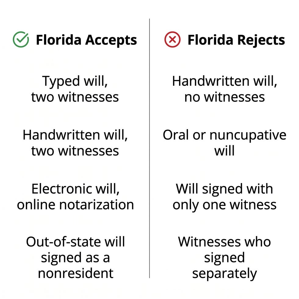 Comparison of will types Florida probate courts accept against the types they reject