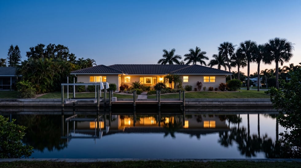 Cape Coral canal home at blue hour, illustrating Florida real estate owned by international families